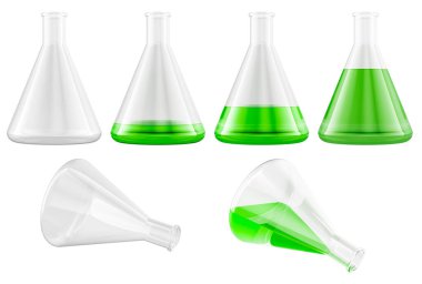 Konik şişeler, boş ve yeşil sıvılı. Kimya laboratuarı cam eşyalar. Beyaz arkaplanda 3B görüntüleme izole edildi