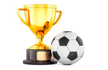 Altın kupa Kupası Ödülü ve futbol topu, beyaz arka plan üzerinde izole 3d render