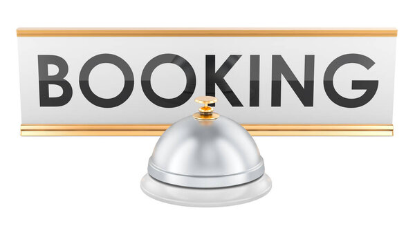 Бронирование, концепция. Приемный колокол с настольной табличкой, 3D рендеринг изолирован на белом фоне