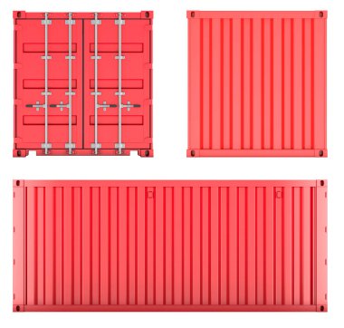Kargo konteynırı, yan ve ön görüntüler. Beyaz arkaplanda 3B görüntüleme izole edildi