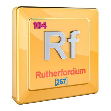 Rutherfordium Rf, chemical element sign with number 104 in periodic table. 3D rendering isolated on white background clipart