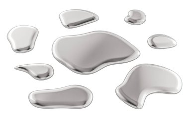 Cıva damlaları veya metalik damlalar, beyaz arkaplanda izole edilmiş 3D görüntüleme