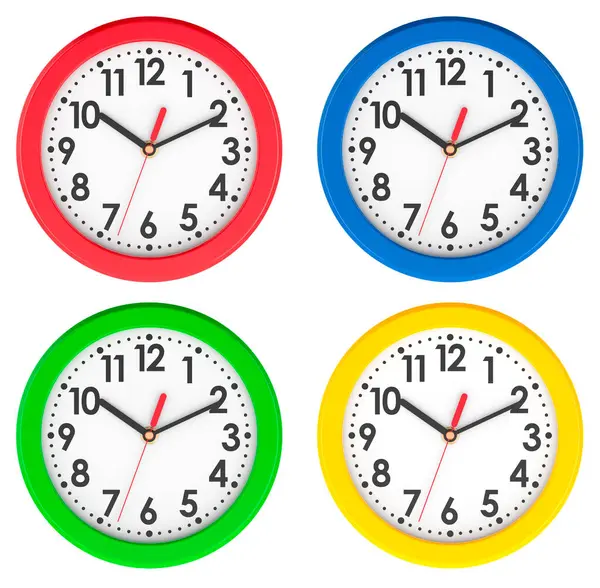 Renkli duvar saatleri, ön manzara. Beyaz arkaplanda 3B görüntüleme izole edildi