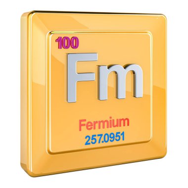 Fermium Fm, chemical element sign with number 100 in periodic table. 3D rendering isolated on white background clipart