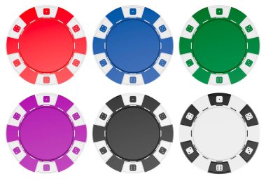 Kumarhane fişleri ya da poker fişleri, renkli, ön manzara. Beyaz arkaplanda 3B görüntüleme izole edildi