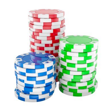 Kumarhane fişleri, Poker jetonları. Beyaz arkaplanda 3B görüntüleme izole edildi
