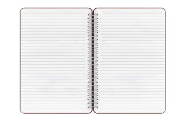 Açılmış Not Defteri Spiral egzersiz kitabı, beyaz arkaplanda 3 boyutlu görüntüleme