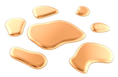 Erimiş altın damlalar, beyaz arkaplanda izole edilmiş 3D görüntüleme