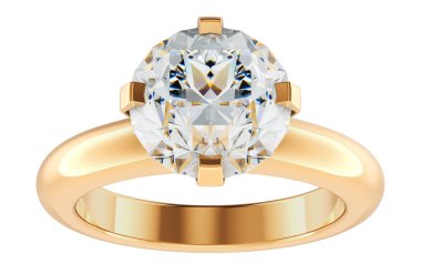 Altın Elmas Yüzük, Elmaslı Altın Nişan Yüzüğü, Beyaz Arkaplanda 3 Boyutlu Görüntü