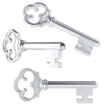 Gümüş anahtar. Farklı görünüm ve açılar, şeffaf arkaplanda 3 boyutlu görüntüleme