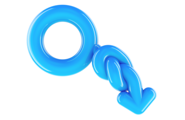 İktidarsızlık, işlev bozukluğu, erkeklerin cinsel sorunları. Erkek cinsiyet sembolü düğümlü ve sarkık bir ok ile, 3 boyutlu görünüm şeffaf arkaplan üzerinde izole edilmiş