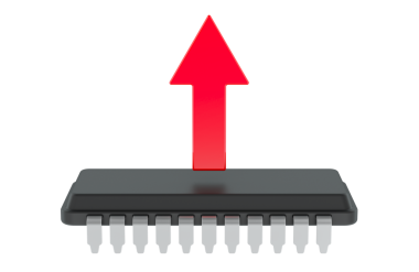 Kırmızı oklu elektronik çip. Şeffaf arkaplanda 3B görüntüleme izole edildi