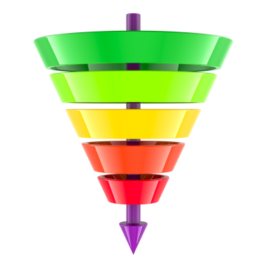 Pazarlama hunisi ya da satış hunisi. Şeffaf arkaplanda 3B görüntüleme izole edildi