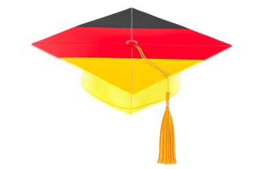 Alman bayrağıyla mezuniyet şapkası. Almanya 'da eğitim ya da Almanca öğrenmek, konsept. Şeffaf arkaplanda 3B görüntüleme izole edildi