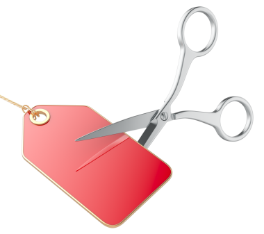 Makas boş kırmızı etiketi kesiyor. Masrafları kısmak, konsept. Şeffaf arkaplanda 3B görüntüleme izole edildi