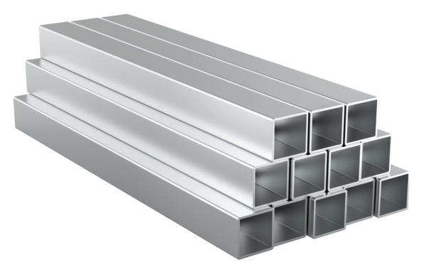 Steel Square Hollow Bölüm Borusu. Yuvarlak metal, kare borular. Şeffaf arkaplanda 3B görüntüleme izole edildi