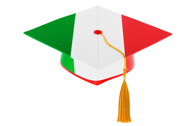 İtalyan bayrağıyla mezuniyet şapkası. İtalya 'da eğitim ya da İtalyanca dili, konsepti öğrenmek. Şeffaf arkaplanda 3B görüntüleme izole edildi