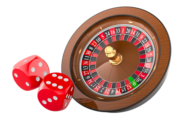 Kırmızı zarlı kumarhane ruleti, kumar konsepti. Şeffaf arkaplanda 3B görüntüleme izole edildi