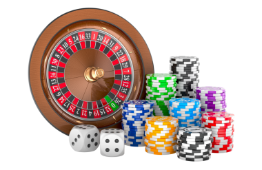 Kumarhane ruleti, poker fişleri ve zarlarla kumar konsepti. Şeffaf arkaplanda 3B görüntüleme izole edildi