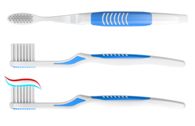 Diş fırçası, diş macunu ve diş macunu. Diş fırçaları, ön ve yan görüntüler. Şeffaf arkaplanda 3B görüntüleme izole edildi