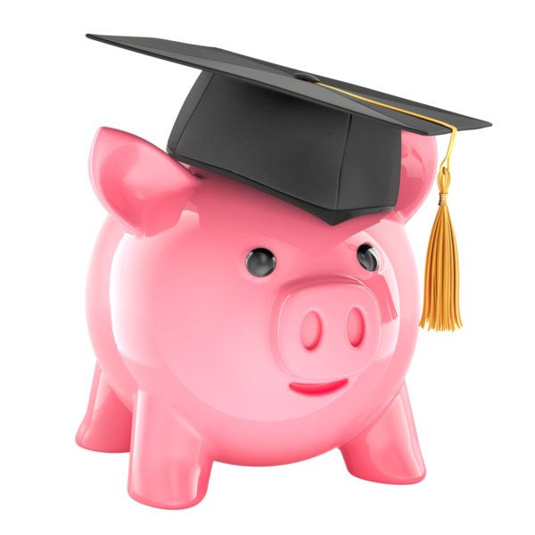 Eğitim şapkalı domuz kumbarası. Eğitim ve konsept için para biriktiriyor. Şeffaf arkaplanda 3B görüntüleme izole edildi