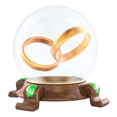 Altın alyanslı kristal küre. Evlilik kehaneti, konsept. Şeffaf arkaplanda 3B görüntüleme izole edildi