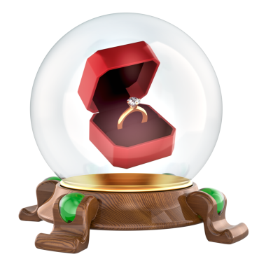 Yüzük kutusunda nişan yüzüğü olan kristal küre. Evlilik kehaneti, konsept. Şeffaf arkaplanda 3B görüntüleme izole edildi