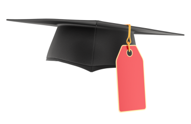 Mezuniyet şapkası ve kırmızı etiket. Şeffaf arkaplanda 3B görüntüleme izole edildi