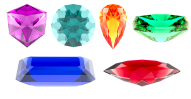 Farklı kesimli renkli Gemstone 'lar, şeffaf arkaplanda 3 boyutlu görüntüleme