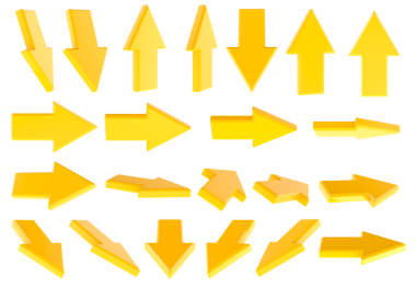 İzoklar yerleştirildi. Sarı oklar farklı yönde. Yan, üst, ön manzara. Şeffaf arkaplanda 3B görüntüleme izole edildi