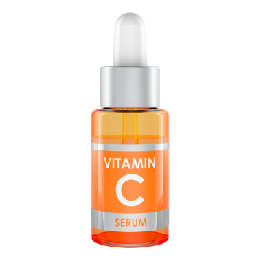 İçinde C vitamini şişesi olan serum. Kozmetik ya da tıbbi ürün. Şeffaf arkaplanda 3B görüntüleme izole edildi