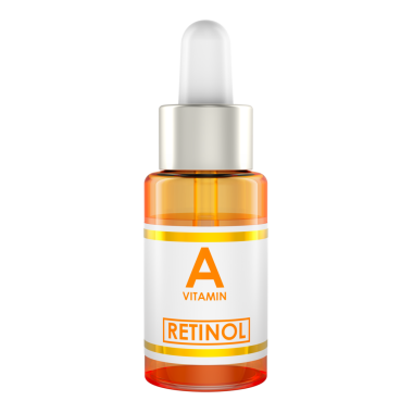 Retinollü serum, A vitamini şişesi, kozmetik ya da tıbbi ürün. Şeffaf arkaplanda 3B görüntüleme izole edildi
