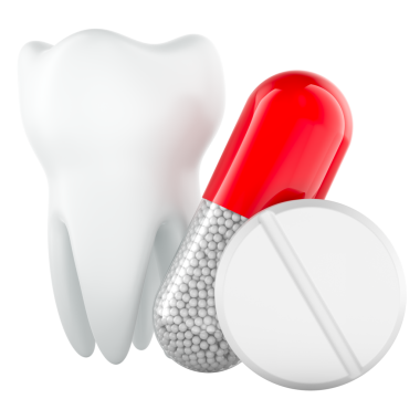 İlaç kapsülü ve hap tabletli diş. Şeffaf arkaplanda 3B görüntüleme izole edildi