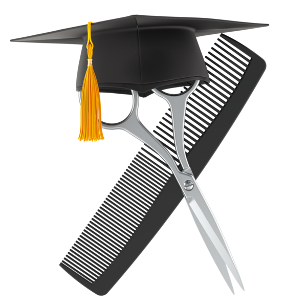 Saç kesme kursları, kuaförlük eğitimi, konsept. Saç kesme makası ve mezuniyet şapkasıyla çapraz tarama. Şeffaf arkaplanda 3B görüntüleme izole edildi