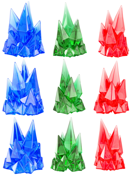 Renkli kristaller, doğal külçeler. Şeffaf arkaplanda 3B görüntüleme izole edildi