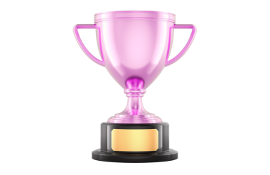 Kadın pembe metalik kupa ödülü, 3 boyutlu görünümü şeffaf arkaplanda izole edilmiş.