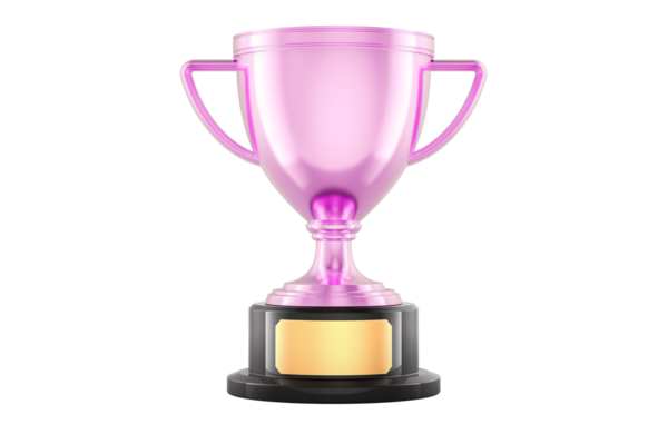 Kadın pembe metalik kupa ödülü, 3 boyutlu görünümü şeffaf arkaplanda izole edilmiş.