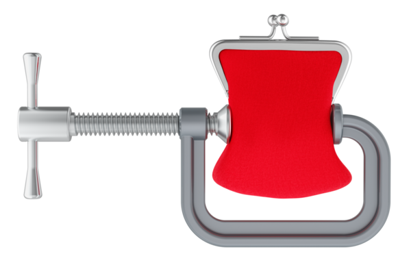 C klempi ve bozuk para çantası. Finansal kriz ya da durgunluk konsepti. Şeffaf arkaplanda 3B görüntüleme izole edildi