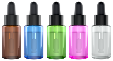 Camdan, kozmetik ürünlerden ya da tıbbi ürünlerden renkli damlalar. Şeffaf arkaplanda 3B görüntüleme izole edildi