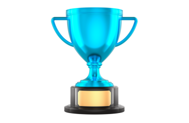 Erkek mavi metalik kupa ödülü, 3D görünümü şeffaf arkaplanda izole edilmiş.