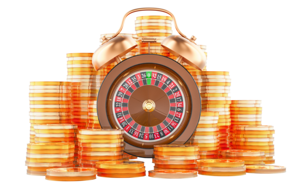 Kumarhane Ruleti, içinde altın paralar olan çalar saat olarak kullanılıyor. Şeffaf arkaplanda 3B görüntüleme izole edildi