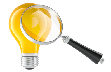 Büyüteçli sarı ampul. Analiz, beyin fırtınası, fikir arama, yenilik ve teftiş kavramı. Şeffaf arkaplanda 3B görüntüleme izole edildi