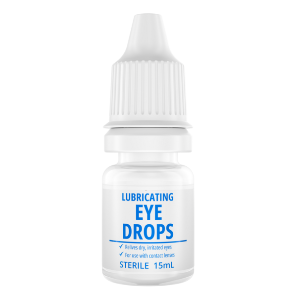 Kuru gözler için göz damlası şişesi. Şeffaf arkaplanda 3B görüntüleme izole edildi