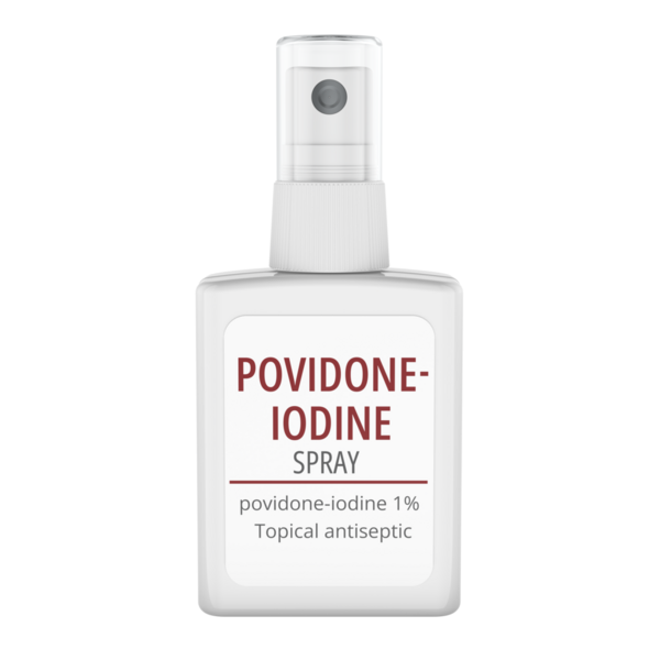 Povidone-iyot antiseptik sprey şişesi. Şeffaf arkaplanda 3B görüntüleme izole edildi