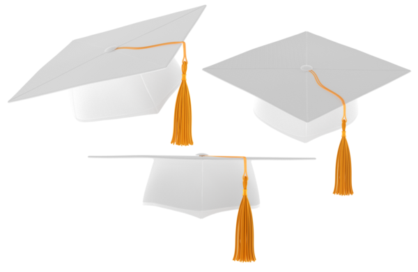 3 boyutlu mezuniyet şapkası, model seti. Birden fazla görüşü olan beyaz akademik şapkalar. Tıp veya beşeri bilimler mezuniyeti, konsept. Şeffaf arkaplanda 3B görüntüleme izole edildi