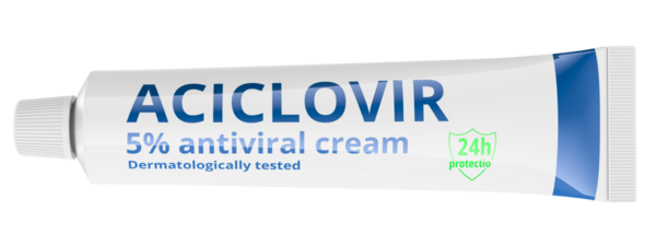 Antiviral Krem Tüpü ACICLOVIR. Şeffaf arkaplanda 3B görüntüleme izole edildi
