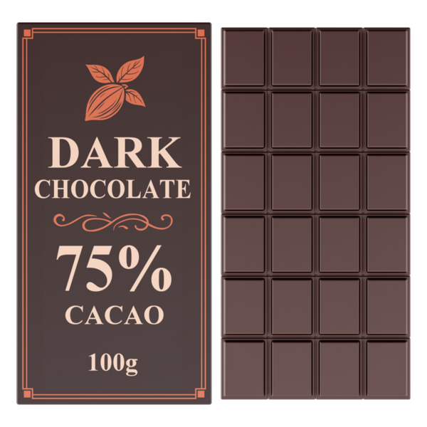 % 75 kakaolu Dark Chocolate Bar ve Paketleme. Şeffaf arkaplanda 3B görüntüleme izole edildi