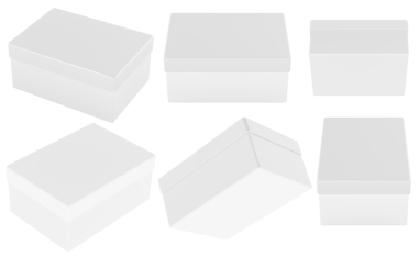 Farklı açılardan izole edilmiş kapaklı dikdörtgen kutular. Markalaşma, depolama ya da ürün tasarımı için temiz beyaz ambalaj modeli. Şeffaf arkaplanda 3B görüntüleme izole edildi