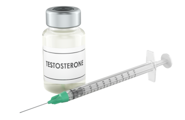 Testosteron şişesi ve şırınga, şeffaf arkaplanda 3 boyutlu görüntüleme