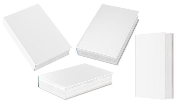 Çeşitli pozisyon ve açılardan ciltli kitaplar. Kitap kapağı tasarımı, markalaşma, modelleme ve yayınlama kavramları için temiz bir şablon. Şeffaf arkaplanda 3B görüntüleme izole edildi